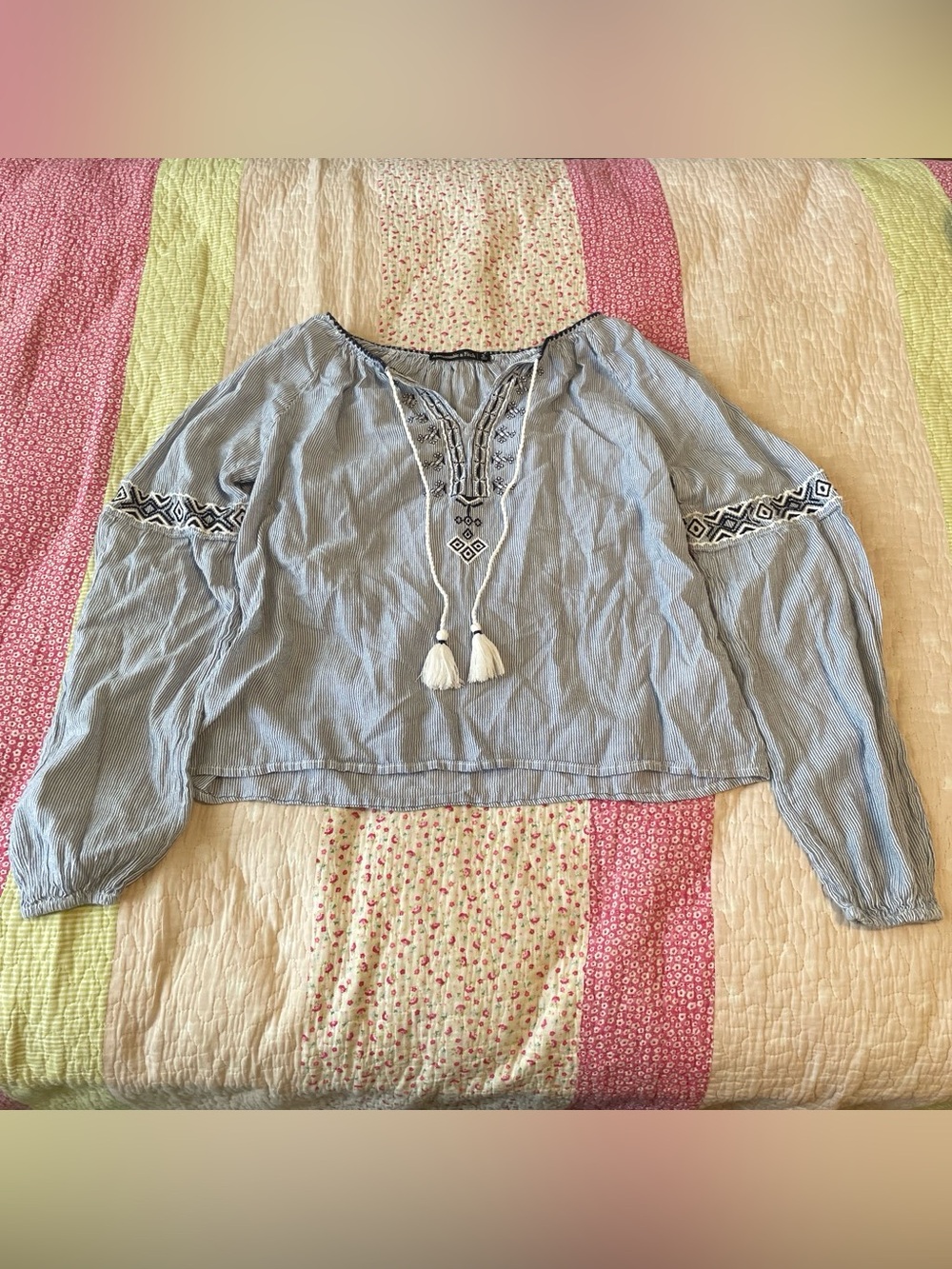 Abercrombie & Fitch Light Blue Embroidered Peasant Blouse with Tassels